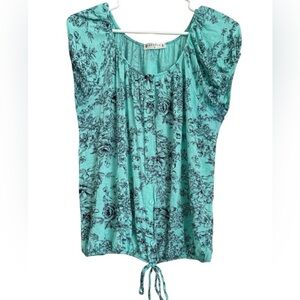 Agenda Blue Flutter Sleeve Blouse with Tie Front